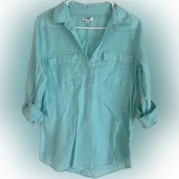 Old Navy Linen Blend Button Front Utility Shirt Aqua Blue Size M - Picture 4 of 7